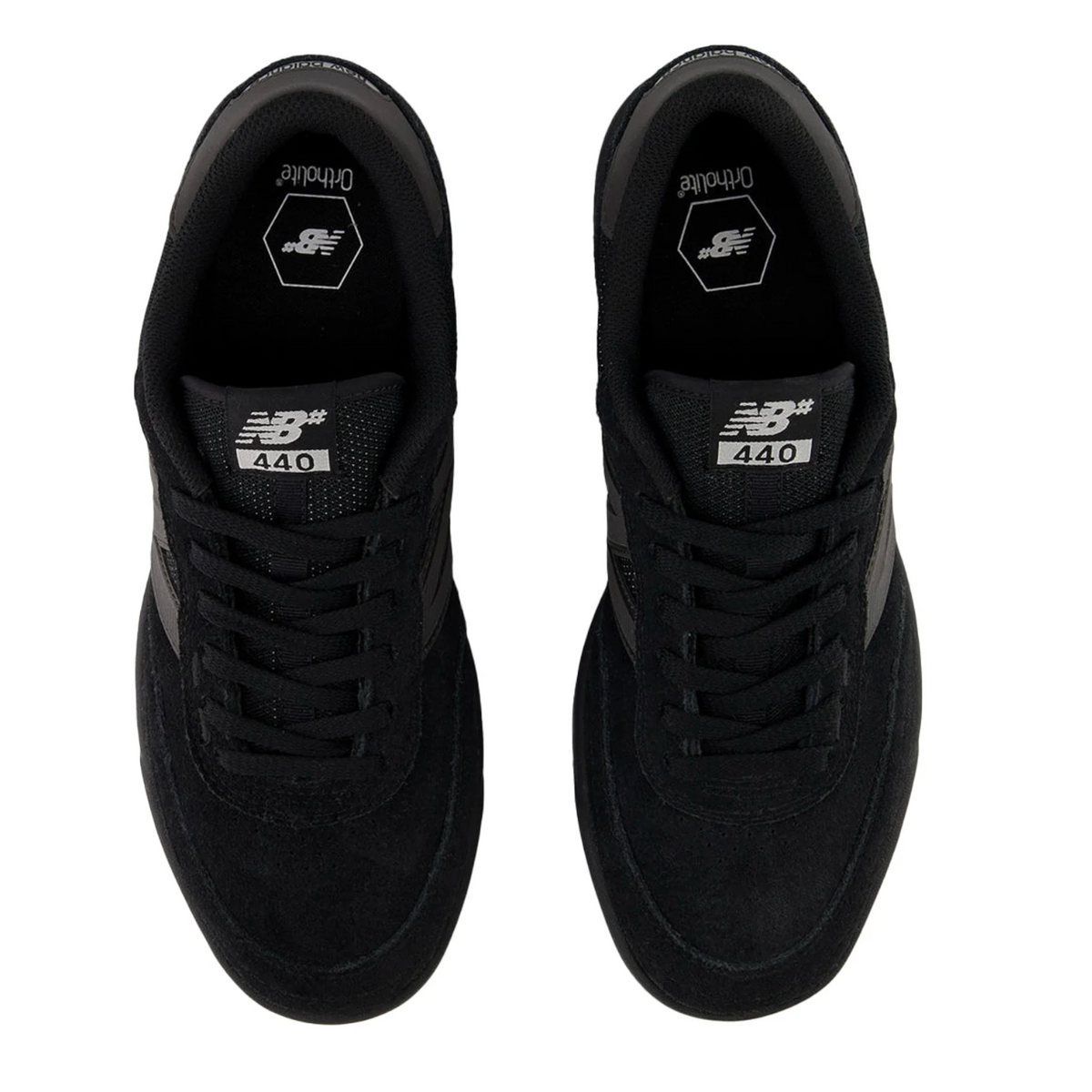A pair of black New Balance 440 sneakers shown from a top-down view on a solid white background.