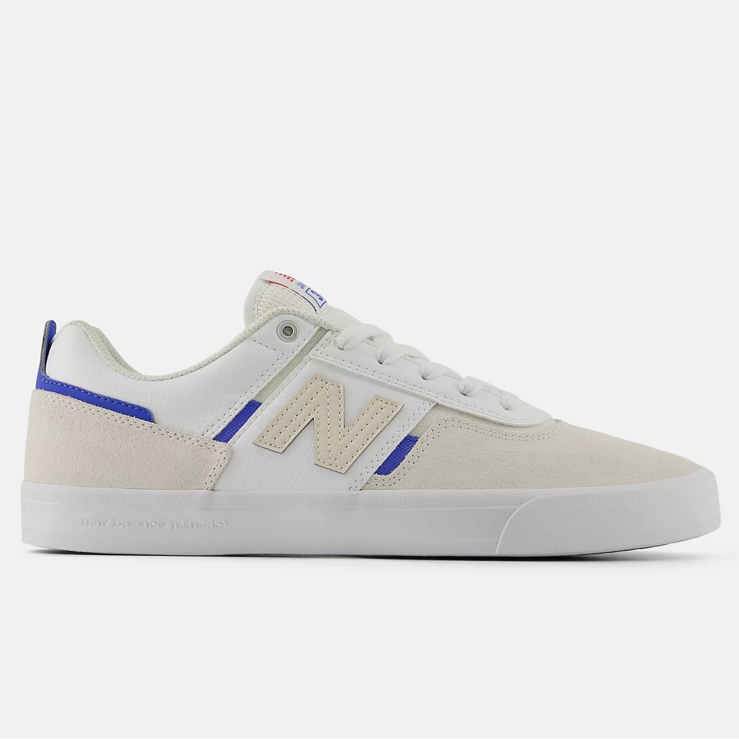 Beige sneaker with blue accents on a white background