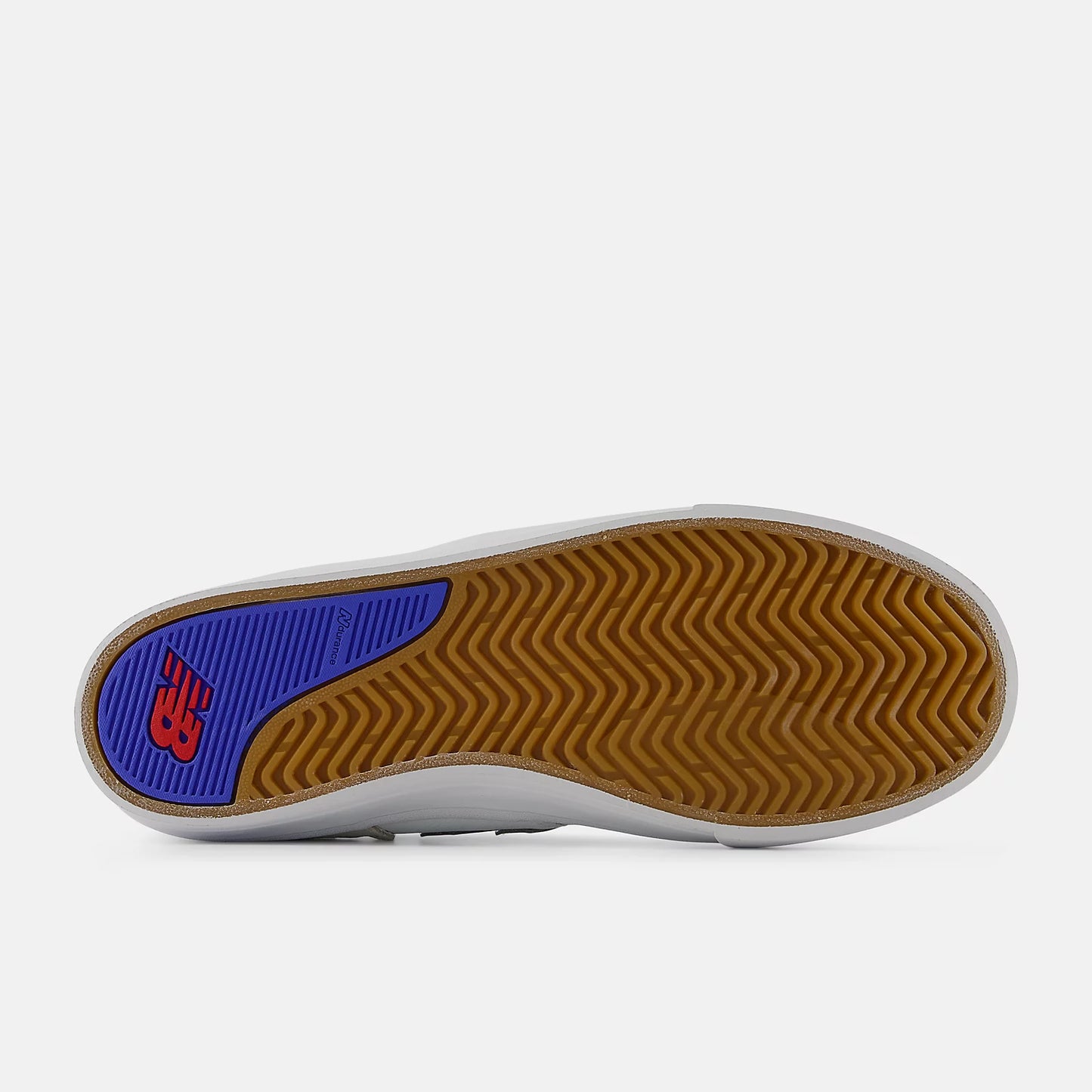 Sole of a shoe with a blue heel tab and brown sole on a white background