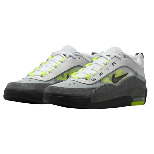 Gray and black sneakers with neon green accents on a white background