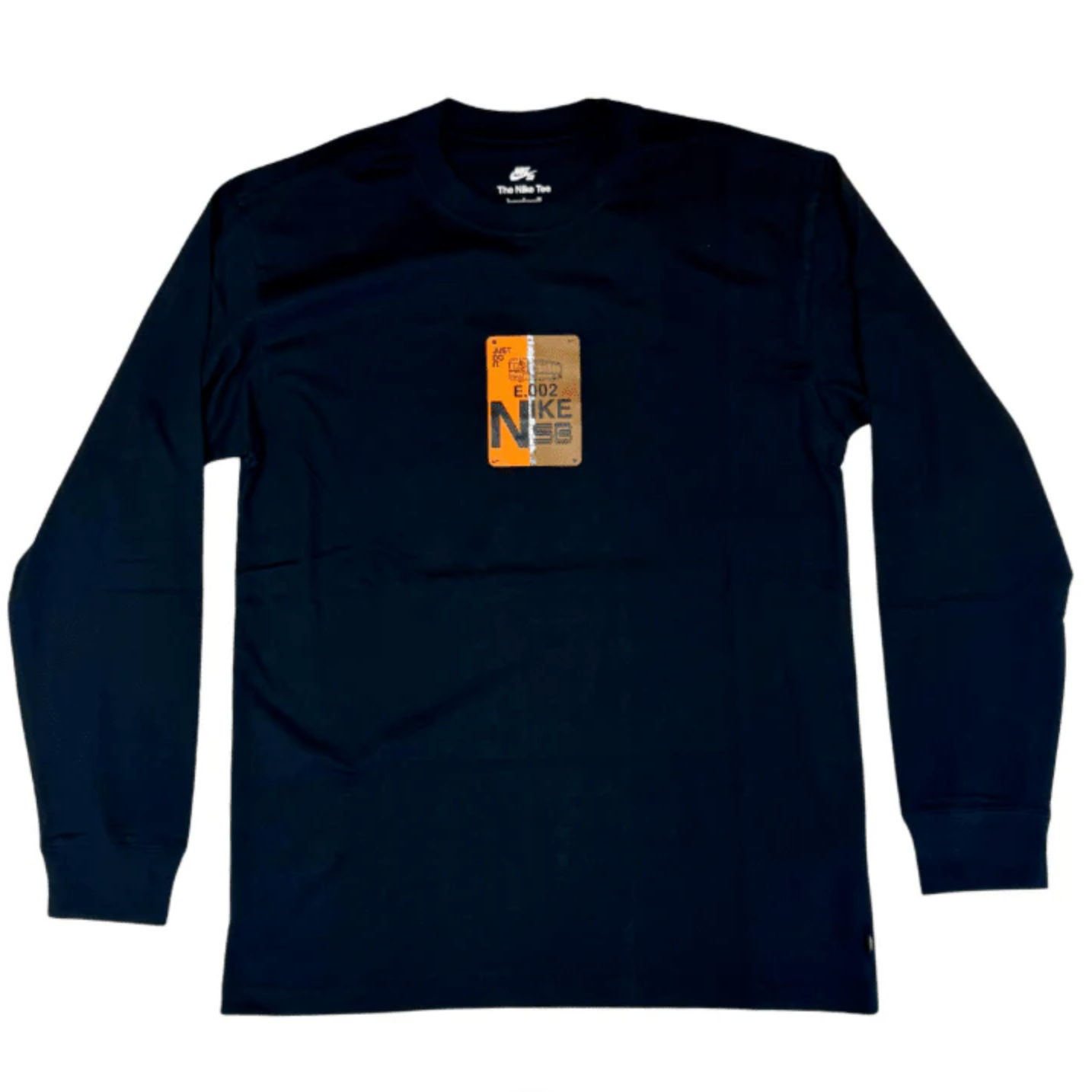 Black long-sleeve shirt with a logo on a white background