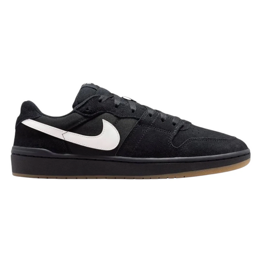 A black Nike low-top sneaker with a white Swoosh logo and a gum sole, shown in a side profile on a white background.