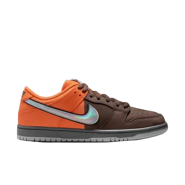 Brown and orange sneaker with a gray swoosh logo on a white background