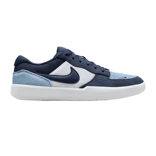 Blue and white sneaker with a prominent brand logo on a white background