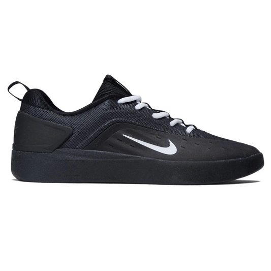 Black sneaker with a brand logo on a white background
