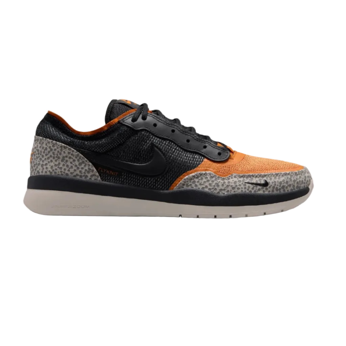 A Nike low-top sneaker featuring a black mesh upper, a bright orange suede toe box and collar lining, a gray leopard-print patterned heel and quarter panel, and a light gray outsole.