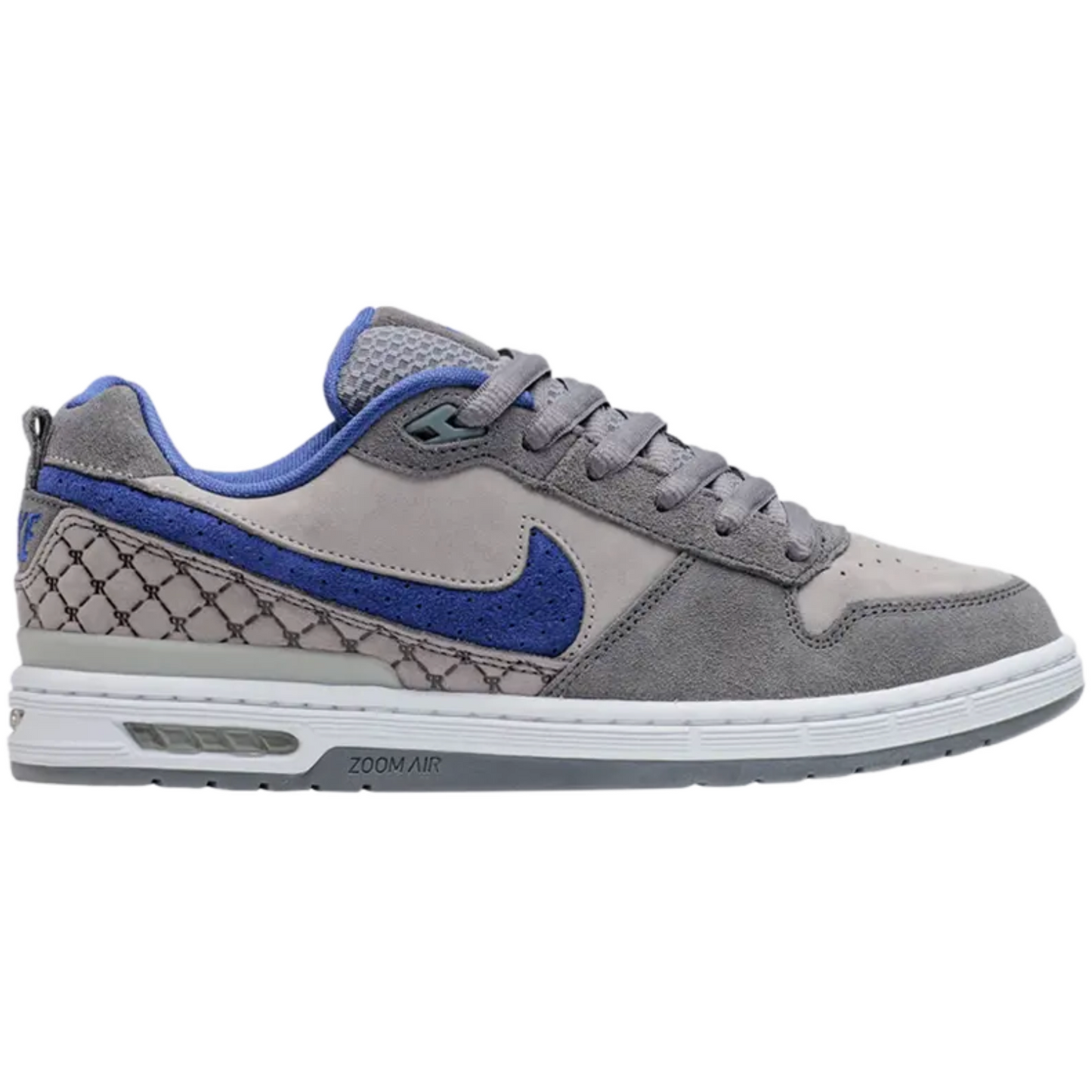 Gray and blue sneaker with Nike logo on a white background