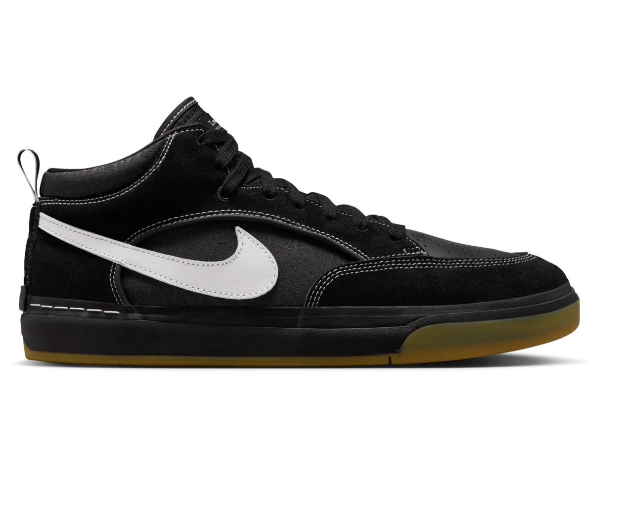 Black sneaker with a white logo on a white background