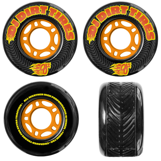 Four dirt tires with 'Dirt Tires' branding on a white background