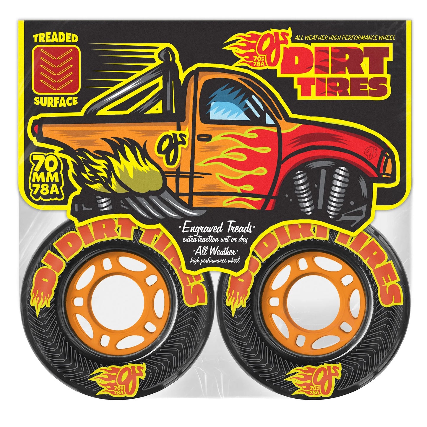 Package of 'Off the Dirt Tires' with a monster truck design on a white background