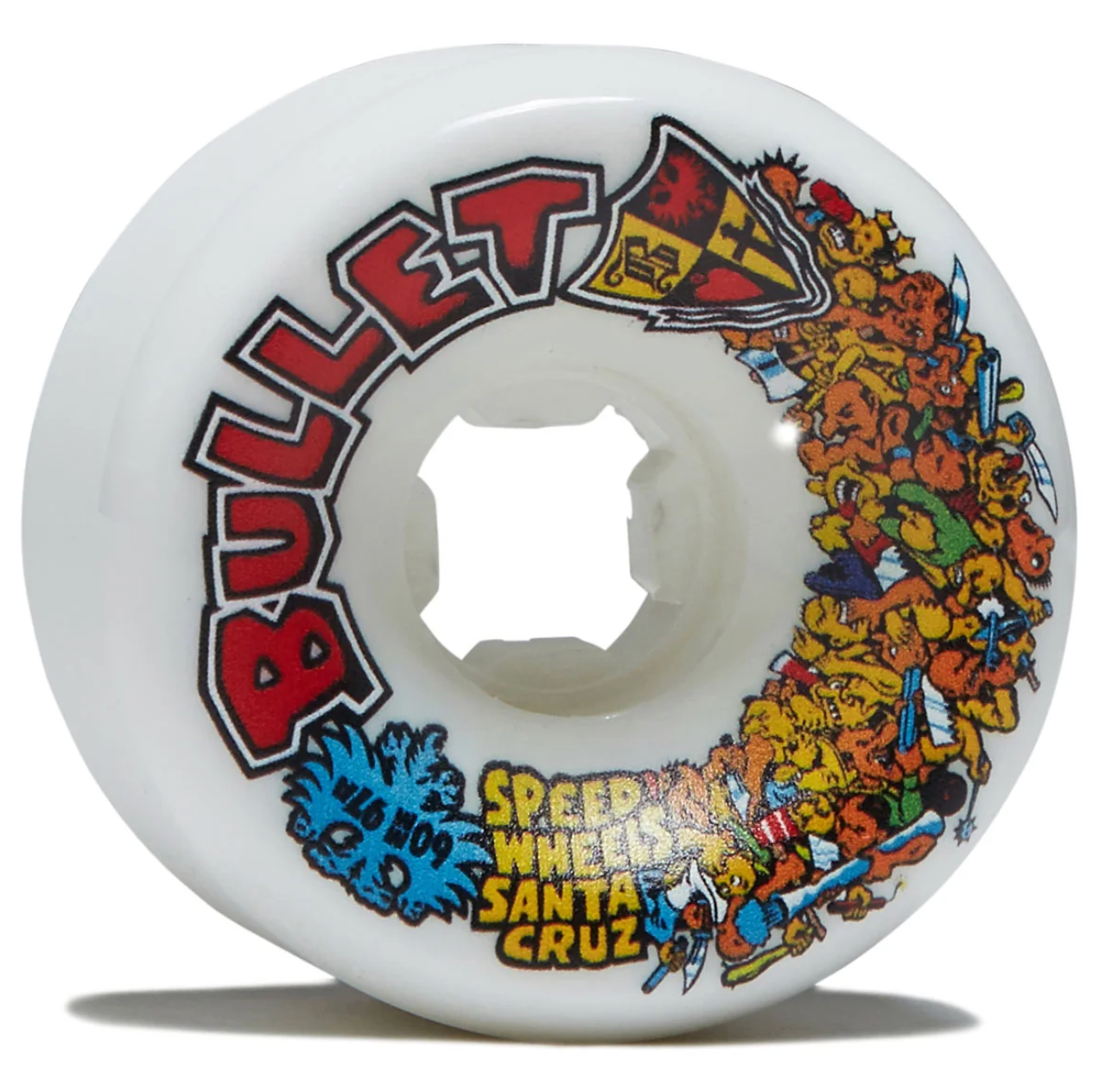 A single white Bullet brand skateboard wheel with a colorful graphic design featuring the word 'BULLET' in red and black, cartoon characters, and 'Speed Wheels Santa Cruz' text, shown on a white background with a soft shadow.