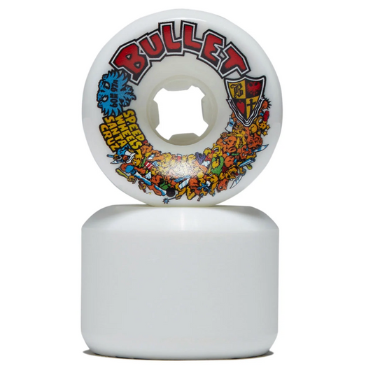 A white skateboard wheel stacked on a white skateboard bushing, featuring the 'BULLET' brand logo and colorful street art graphics on a clean white background.