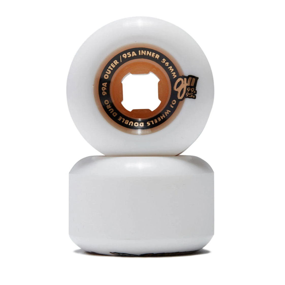 Two white skateboard wheels with OJ2 graphic on white background