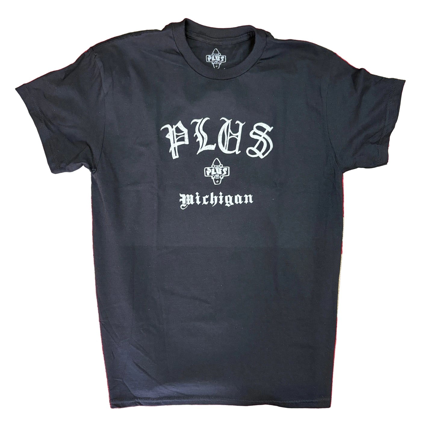 Black t-shirt with 'PLUS' and 'Michigan' text on a red and beige patterned background