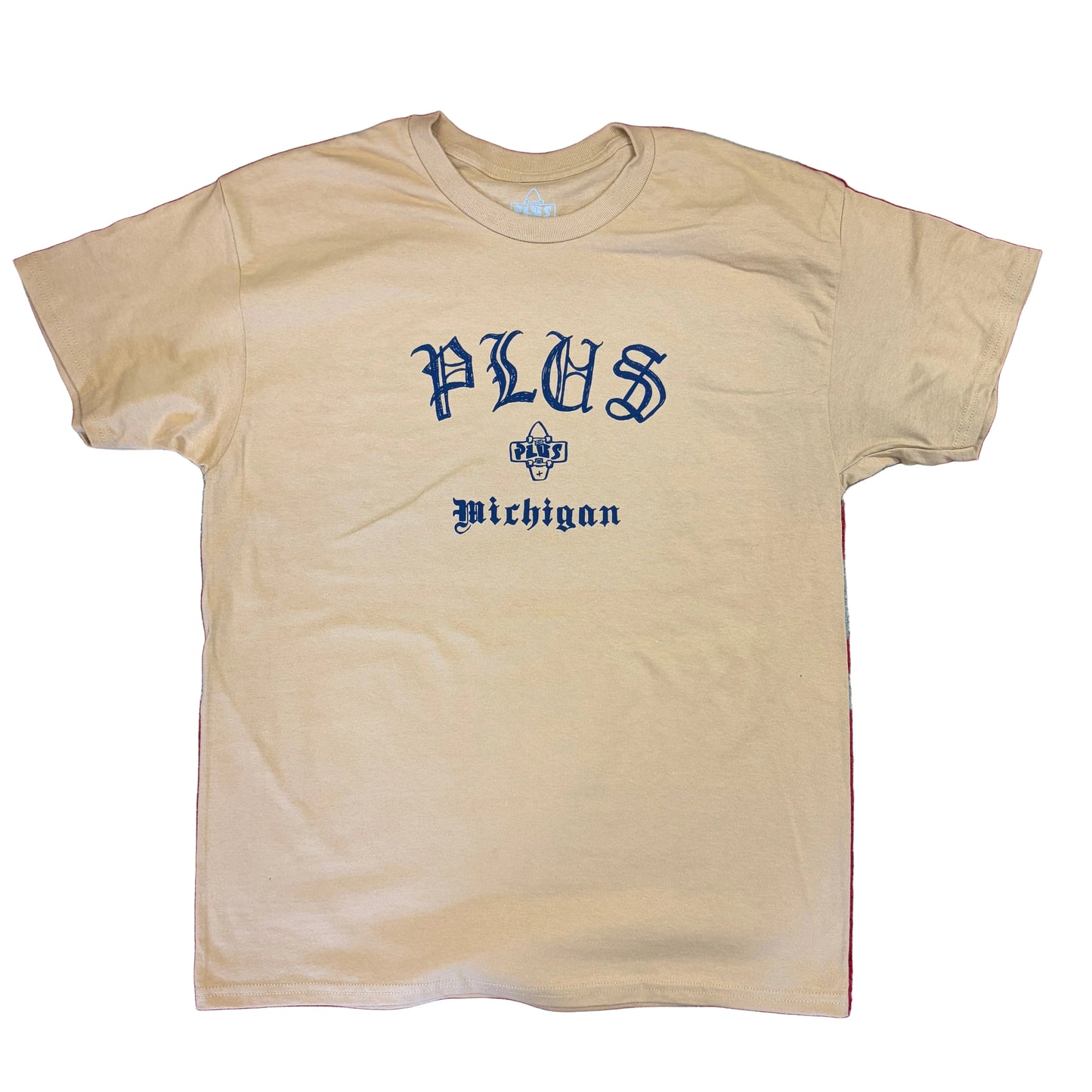 Beige t-shirt with 'PLUS Michigan' text on a red and gray background