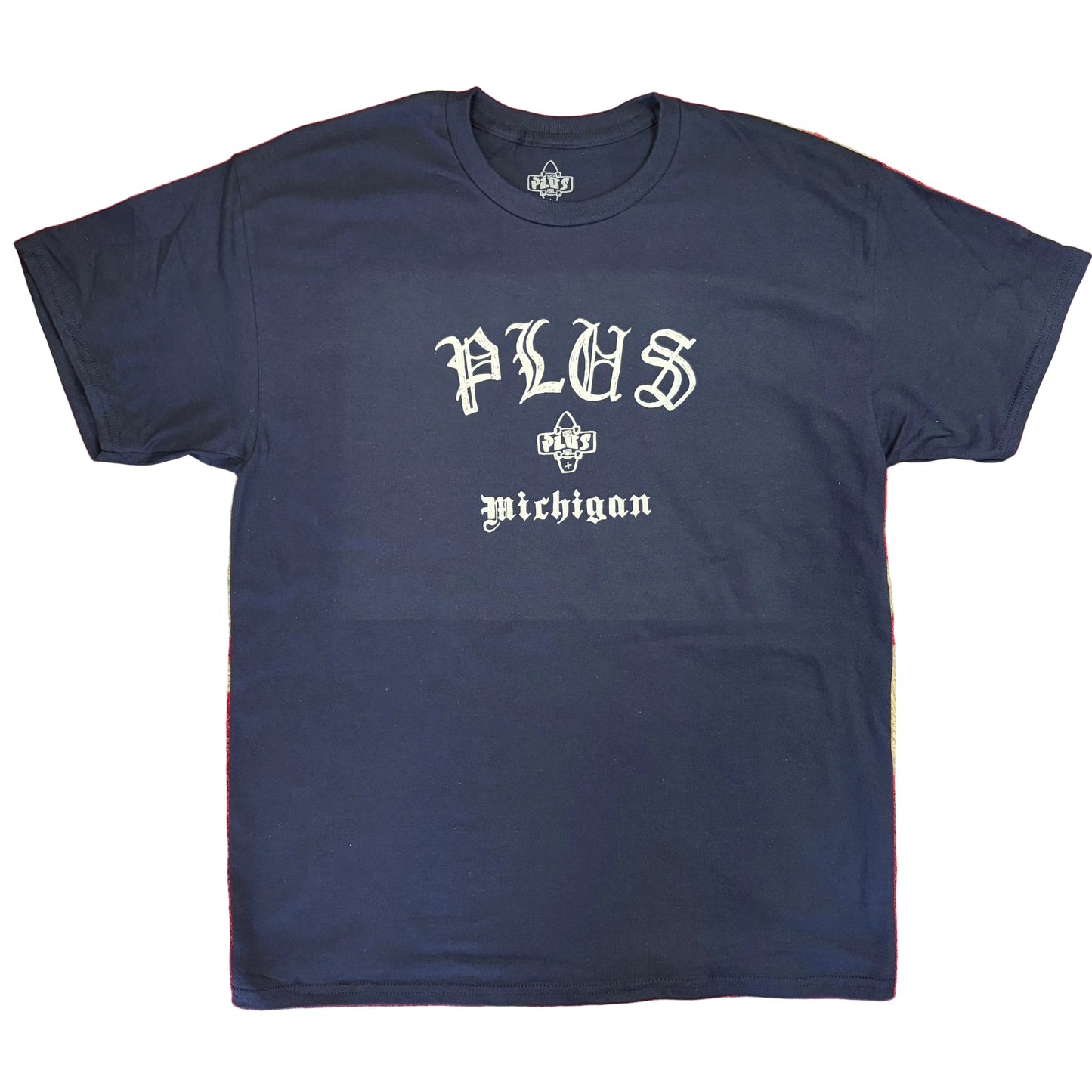Navy blue t-shirt with 'PLUS Michigan' text on a red background