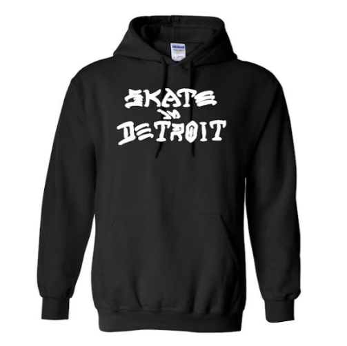 A black pullover hoodie with 'SKATE IN DETROIT' printed in a stylized white font on the chest