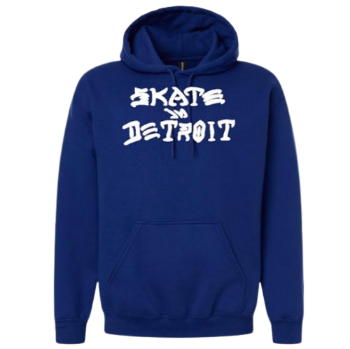 A royal blue pullover hoodie with 'SKATE IN DETROIT' printed in a stylized white font across the chest