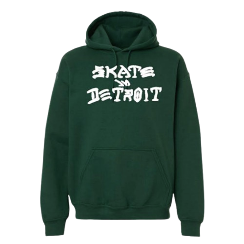 A green pullover hoodie with a white graphic text print reading 'SKATE IN DETROIT' across the chest
