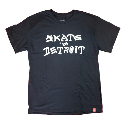 A black short-sleeve t-shirt with 'SKATE IN Detroit' printed in a stylized white font across the chest