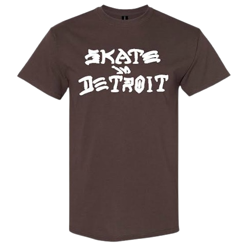 A dark brown short-sleeve t-shirt with a white graphic text print reading 'SKATE IN DETROIT' across the chest