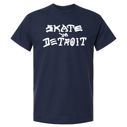 A navy blue short-sleeve crewneck t-shirt with a white graphic text print reading 'SKATE IN DETROIT' across the chest