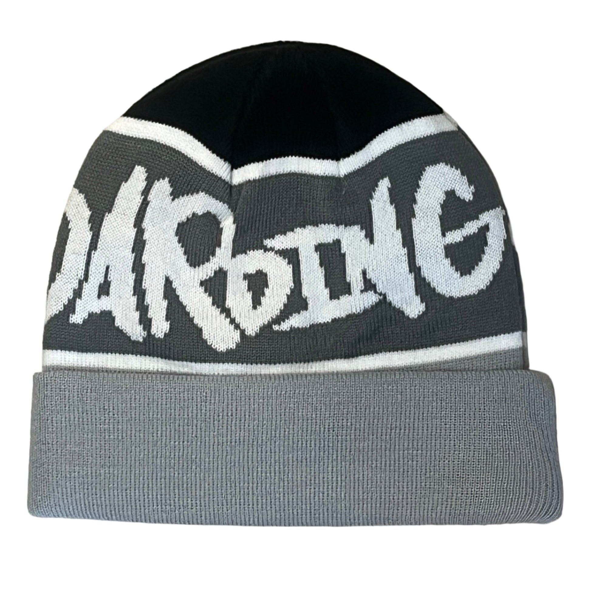 Gray beanie with white text on a wooden floor