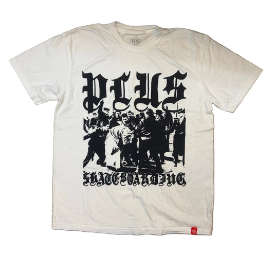 White t-shirt with black graphic design on a white background