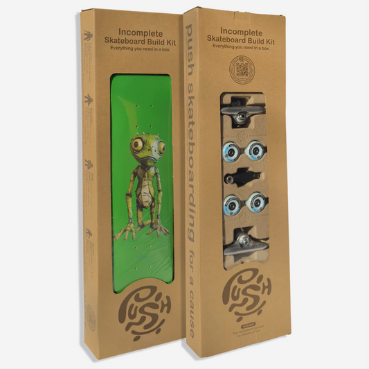 Skateboard build kit packaging with green deck and hardware on a white background