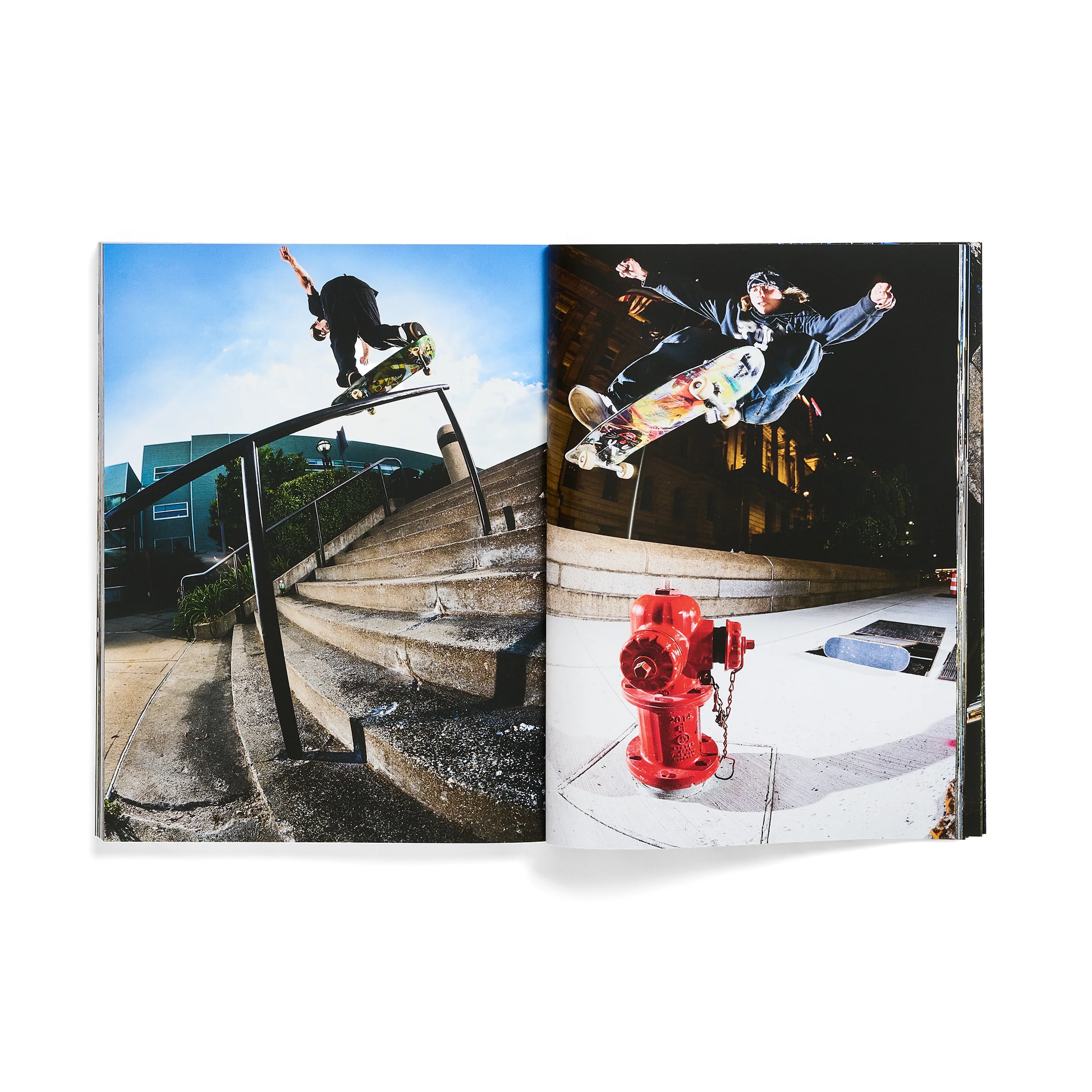 An open book or magazine spread showing two printed skateboarding photographs side by side on a white background. The left photo shows a skateboarder grinding a metal rail over concrete stairs under a blue sky.