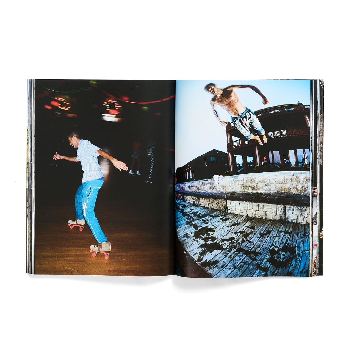 An open hardcover book or magazine spread, showing two full-page photographic prints side by side. The left print depicts a man roller-skating in a dark indoor setting, and the right print shows a shirtless man mid-air near a stone wall and water.
