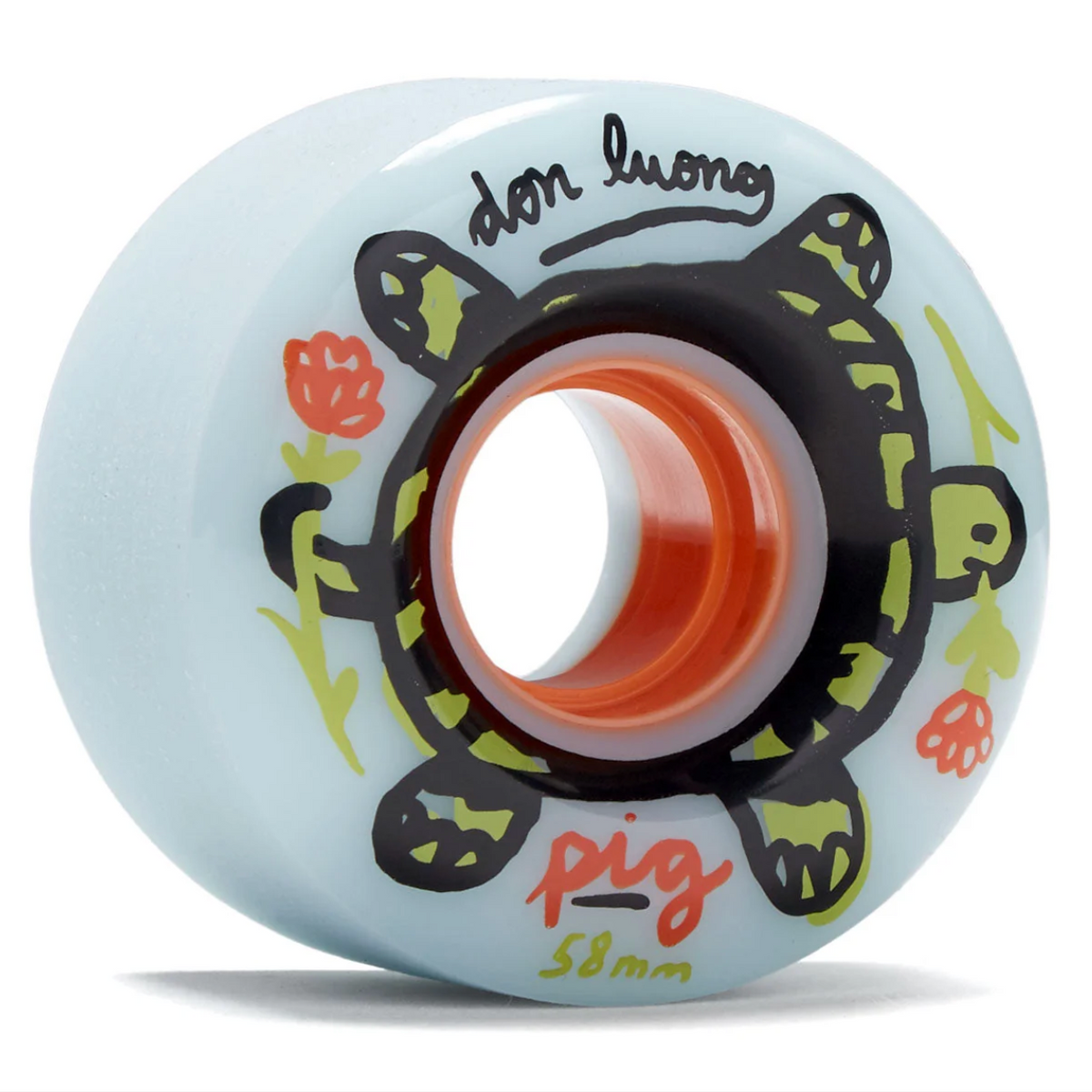 A single don luono Pig 58mm skateboard wheel with a light blue base, featuring a black and green turtle illustration, red flowers, and red and black text, shown on a white background.