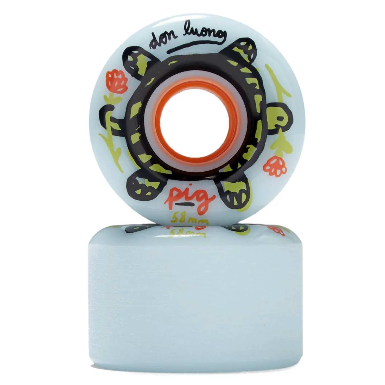 A light blue skateboard wheel shown upright with its matching foam core block below it on a plain white background. The wheel features a black turtle graphic with green and red accents, along with the text 'Don Luong' and 'pig slim 96'.