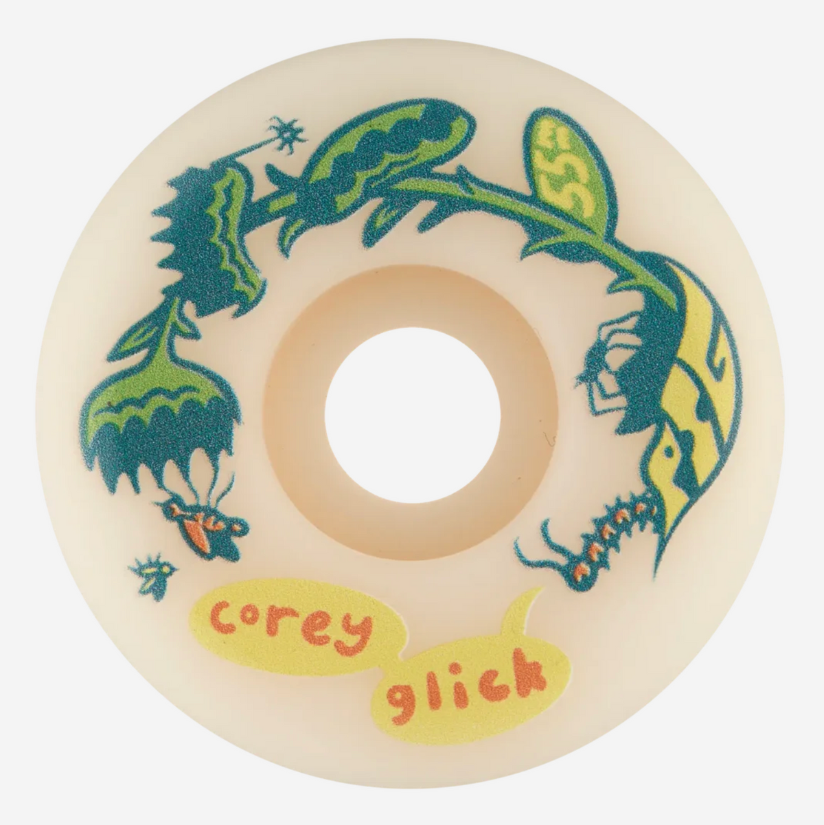 An off-white skateboard wheel featuring a colorful graphic of green caterpillars and yellow speech bubbles with the text 'corey glick' in orange, on a solid white background.