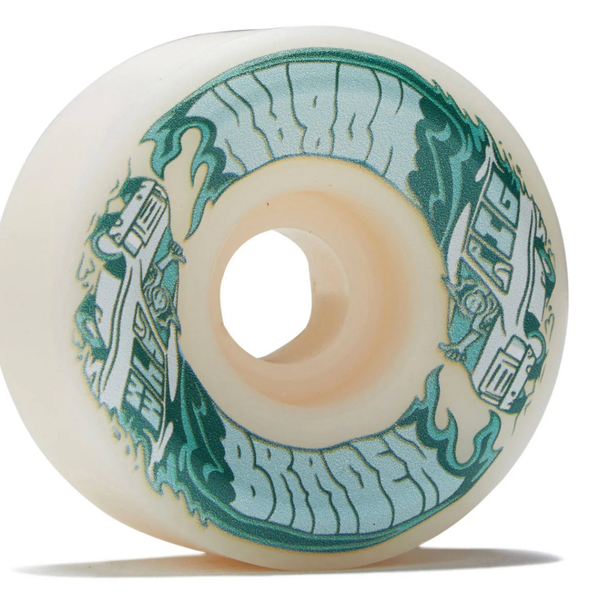 A single skateboard wheel with a translucent cream-colored urethane body and a graphic design featuring teal and light blue waves with white buildings and the word 'VINTA' in stylized lettering.