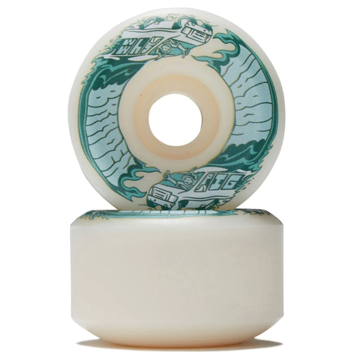 A pair of off-white skateboard wheels stacked vertically on a white background, featuring a teal and light blue wave graphic with the brand name 'SOL'S' printed on the top wheel.