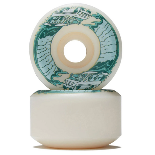 A pair of off-white skateboard wheels stacked vertically on a white background, featuring a teal and light blue wave graphic with the brand name 'SOL'S' printed on the top wheel.