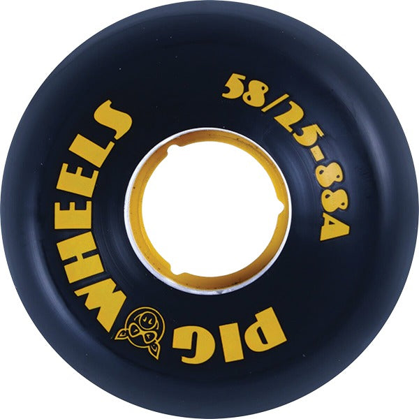 A single black skateboard wheel with bold yellow text reading 'PIG WHEELS' and '58/25-88A' on a plain white background.