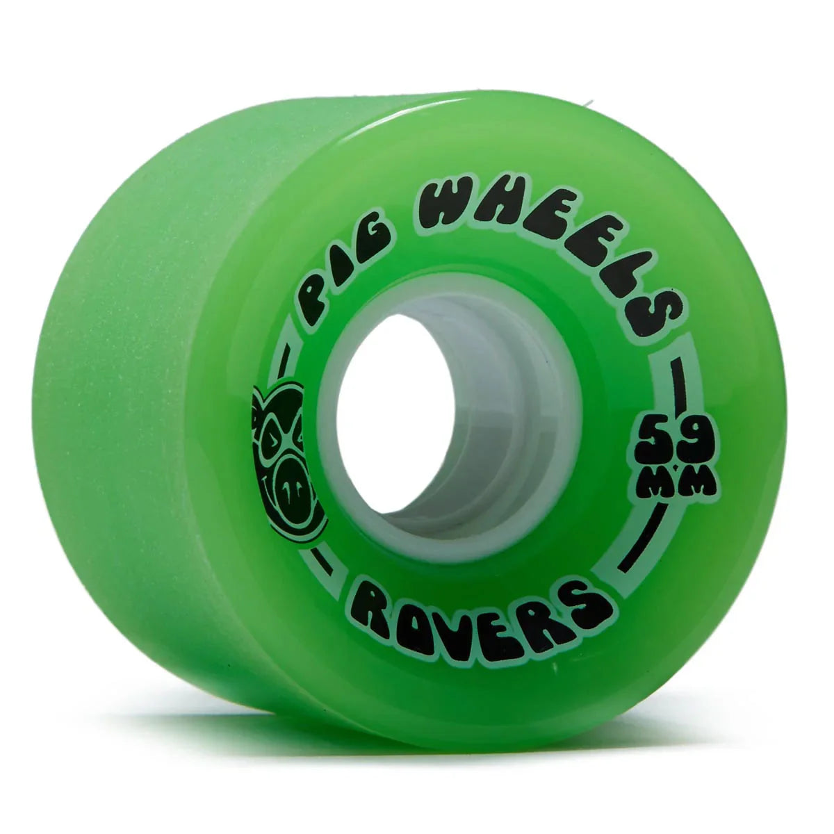 A bright green skateboard wheel with black printed text reading 'BIG WHEELS', 'ROVERS', and '59 MM' on a white background.