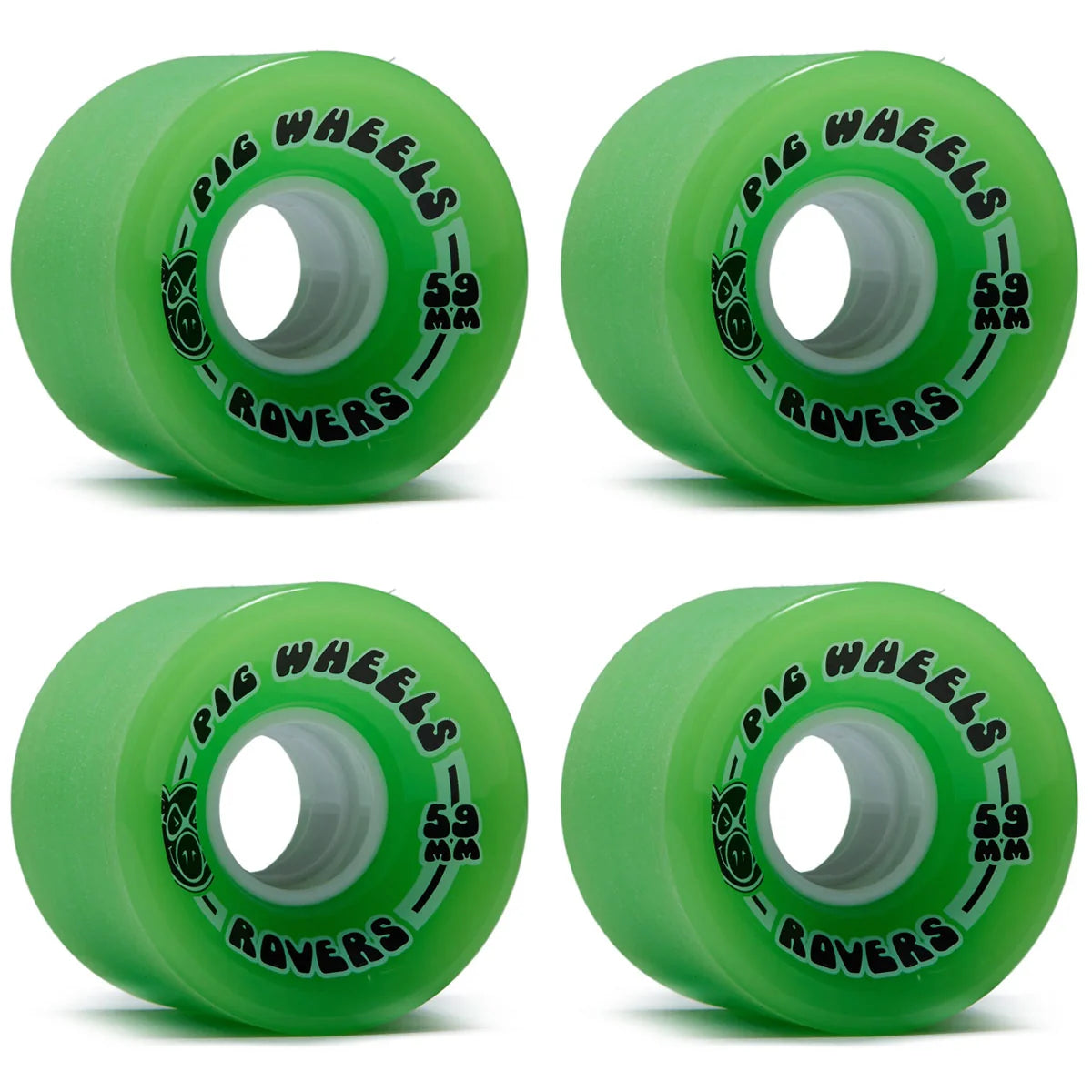 Four bright green skateboard wheels arranged in a 2x2 grid on a white background. Each wheel has black printed text reading '79 WHEELS' and 'ROVERS' with a small logo on the side.