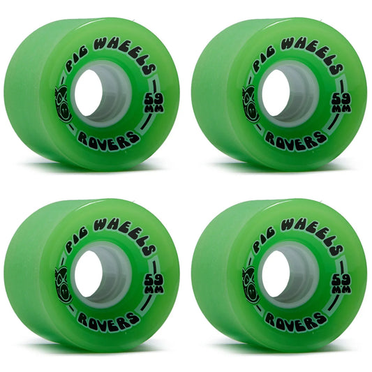 Four bright green skateboard wheels arranged in a 2x2 grid on a white background. Each wheel has black printed text reading '79 WHEELS' and 'ROVERS' with a small logo on the side.