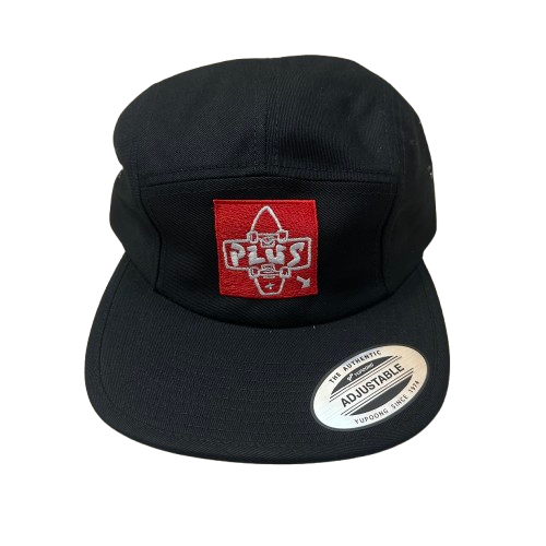 5 panel black hat with red plus logo embroidered