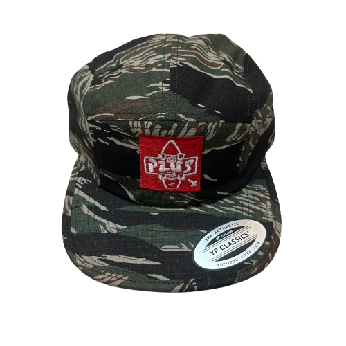 5 panel camo hat with the red plus skateboarding logo embroidered 