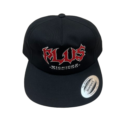 Black hat with word 'Plus' embroidered in red