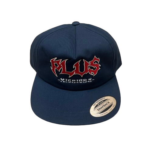 Blue Plus hat with word 'Plus' embroidered in red