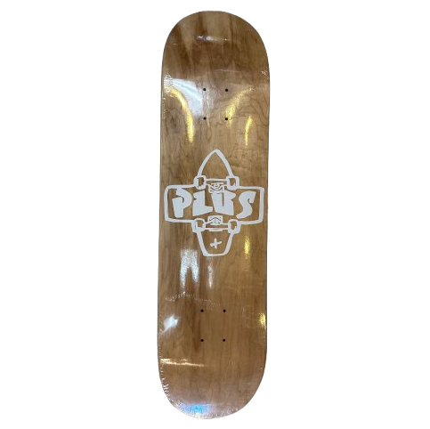 A Natural wood color skateboard with a black Plus Skateboarding logo