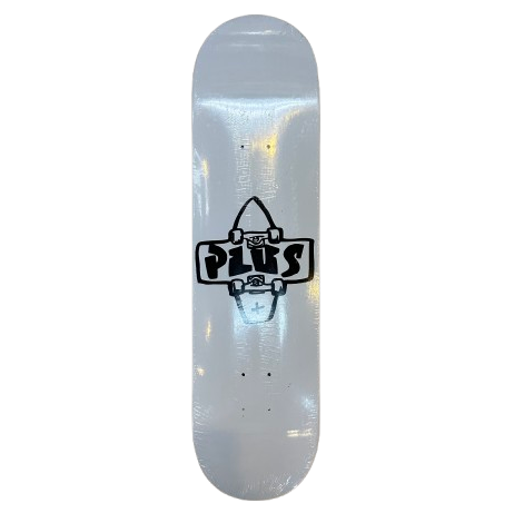 A white skateboard with a black Plus Skateboarding logo