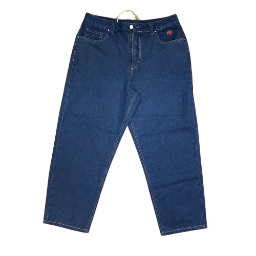 A pair of dark blue denim jeans