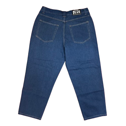 Back view of blue denim jeans with waistband label reading 'PLUS'