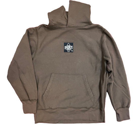Brown hoodie with a logo on the chest against a white background